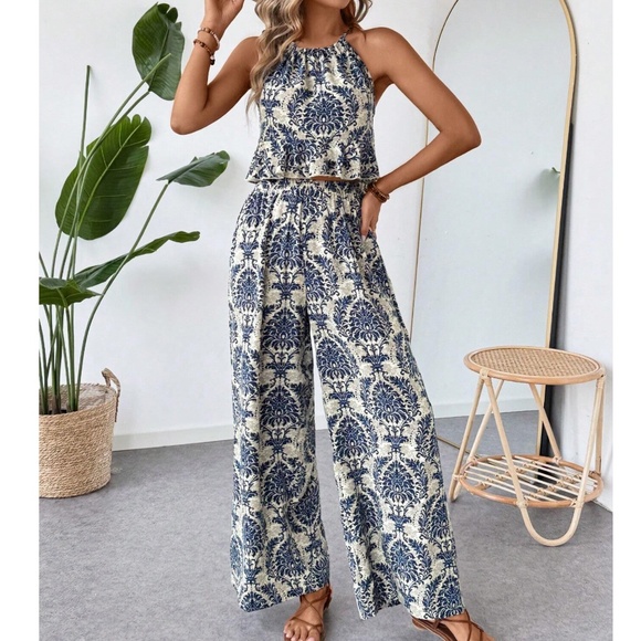 Boho Floral Print Sleeveless Cami Top Wide Leg Pants - Picture 1 of 3